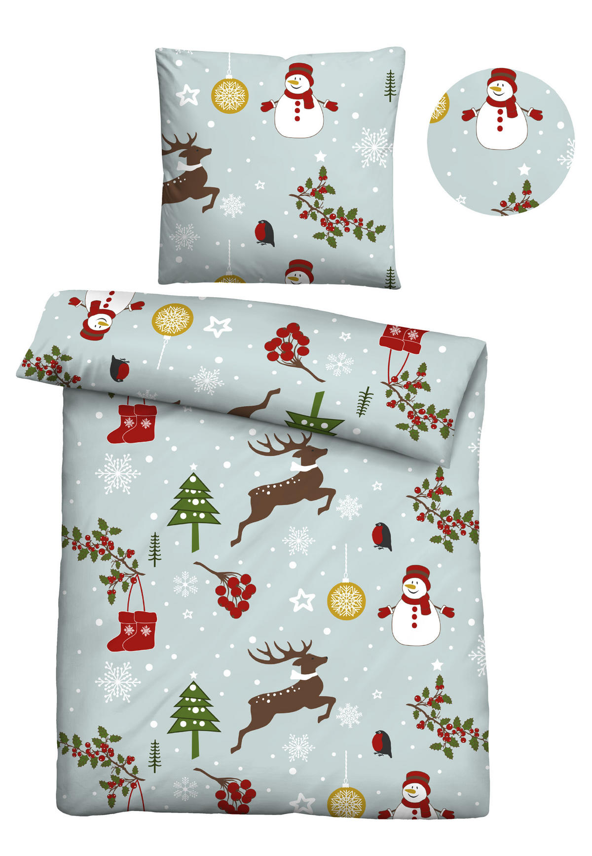 BETTWÄSCHE-GARNITUR Biber Weihnachten taubenblau, 155x220 cm + 80x80 cm - Blaugrau, Textil (155/220cm) - Castell