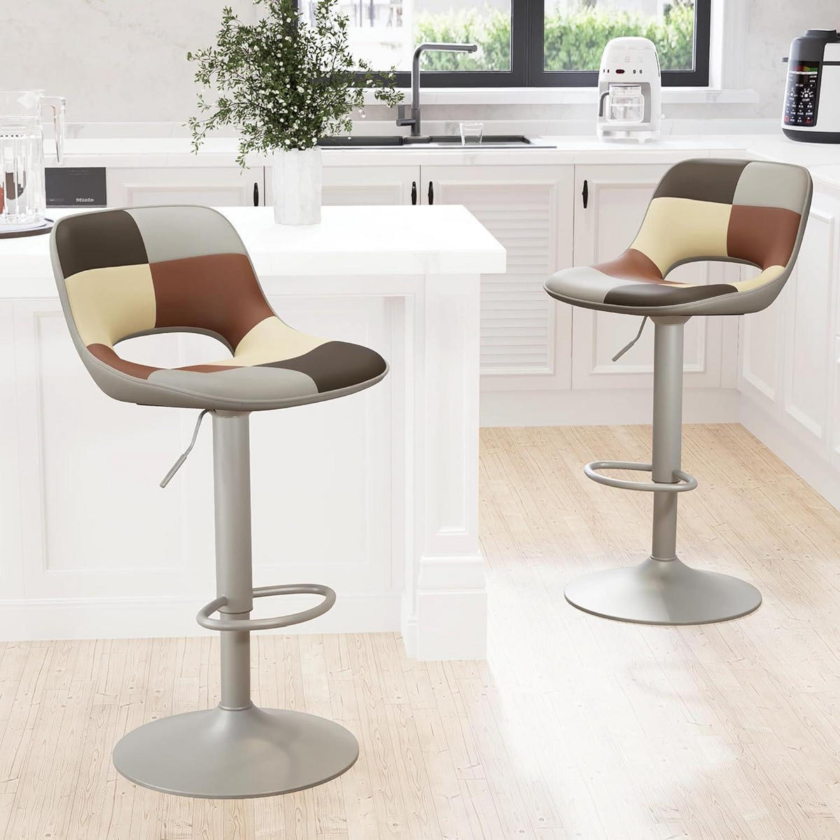 BARHOCKER 2er Set Patchwork Grau Beige Höhenverstellbar Drehstuhl - Multicolor, Leder (49/80/44cm)