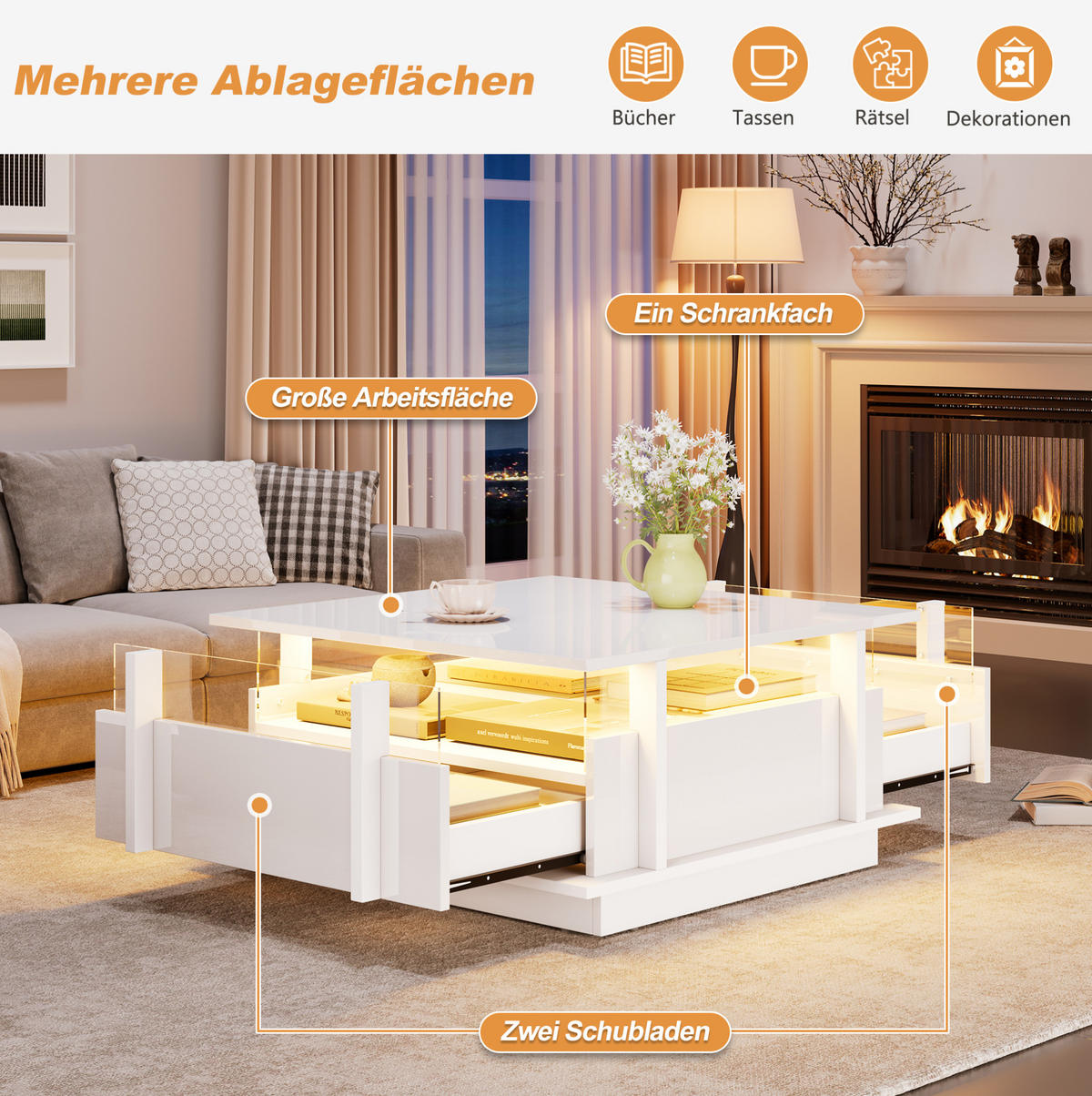 COUCHTISCH aus Spanplatte 70x70x35 cm in Weiß mit LED & 2 Schubladen - Weiß, Holzwerkstoff (70/70/35cm) - Modfu