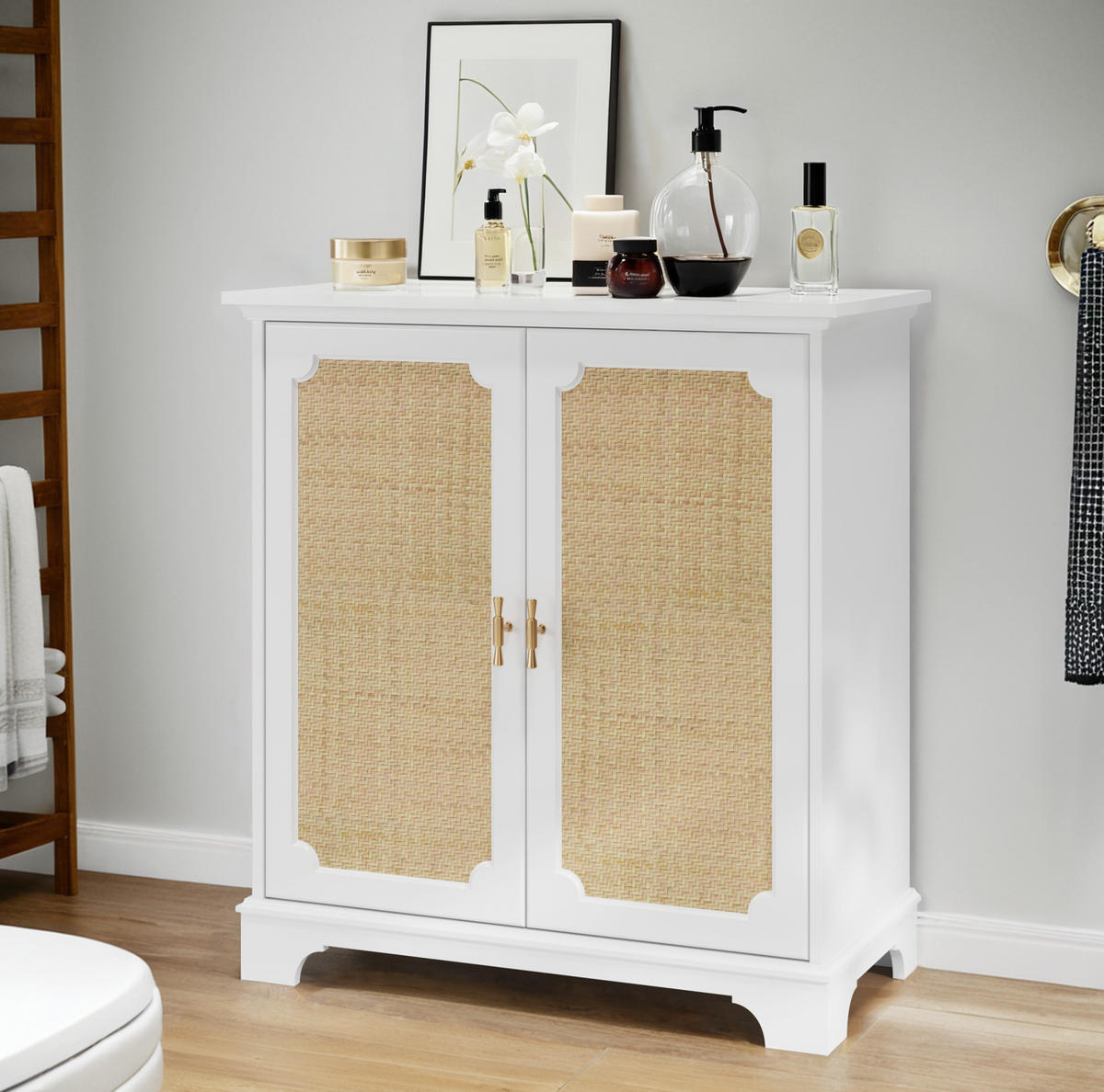 KOMMODE 80/38/86 cm, Rattan-Türen, Weiß, MDF/Spanplatte mit Massivholzbeinen, viel Stauraum, Weiß - Weiß, Holzwerkstoff (80/86/38cm) - Redom