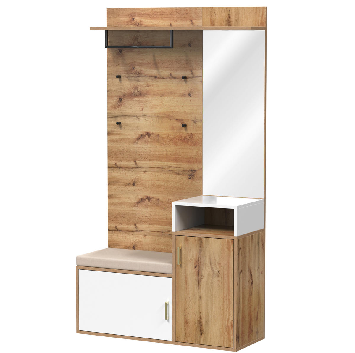 SCHUHSCHRANK aus MDF & Spanplatte 105x40x190,5cm in Weiß & Holz mit Spiegel - Weiß, Holzwerkstoff (105/190.5/40cm) - Modfu
