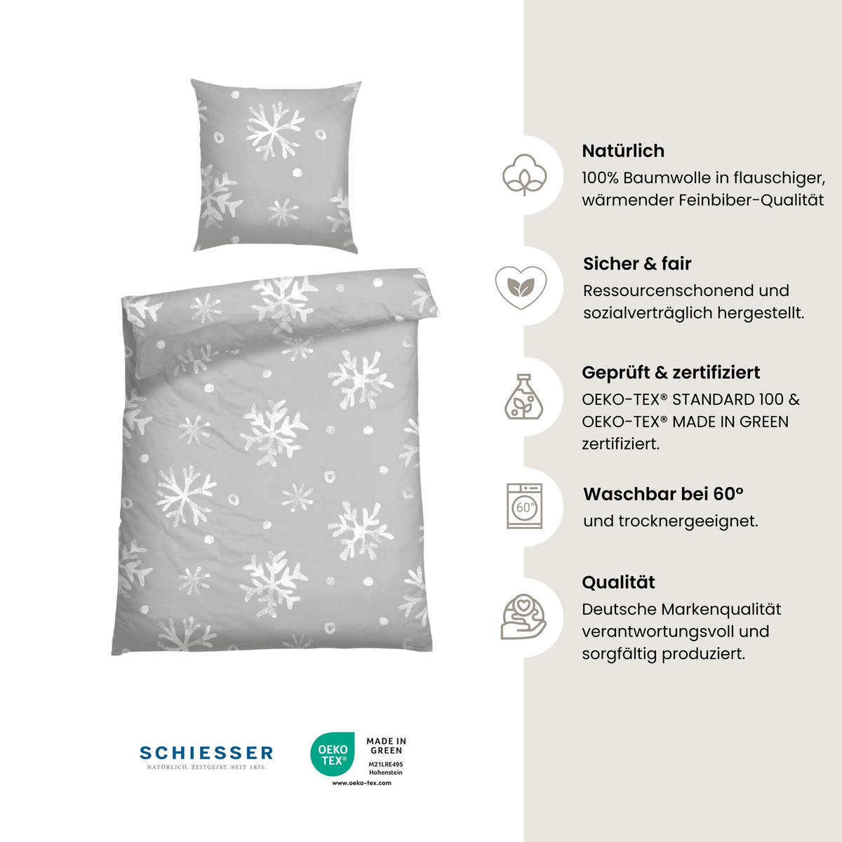 BETTWÄSCHESET Skadi - Feinbiber - 2-teilig - 135 x 200 cm - Grau - Grau, Textil (135/200cm) - SCHIESSER