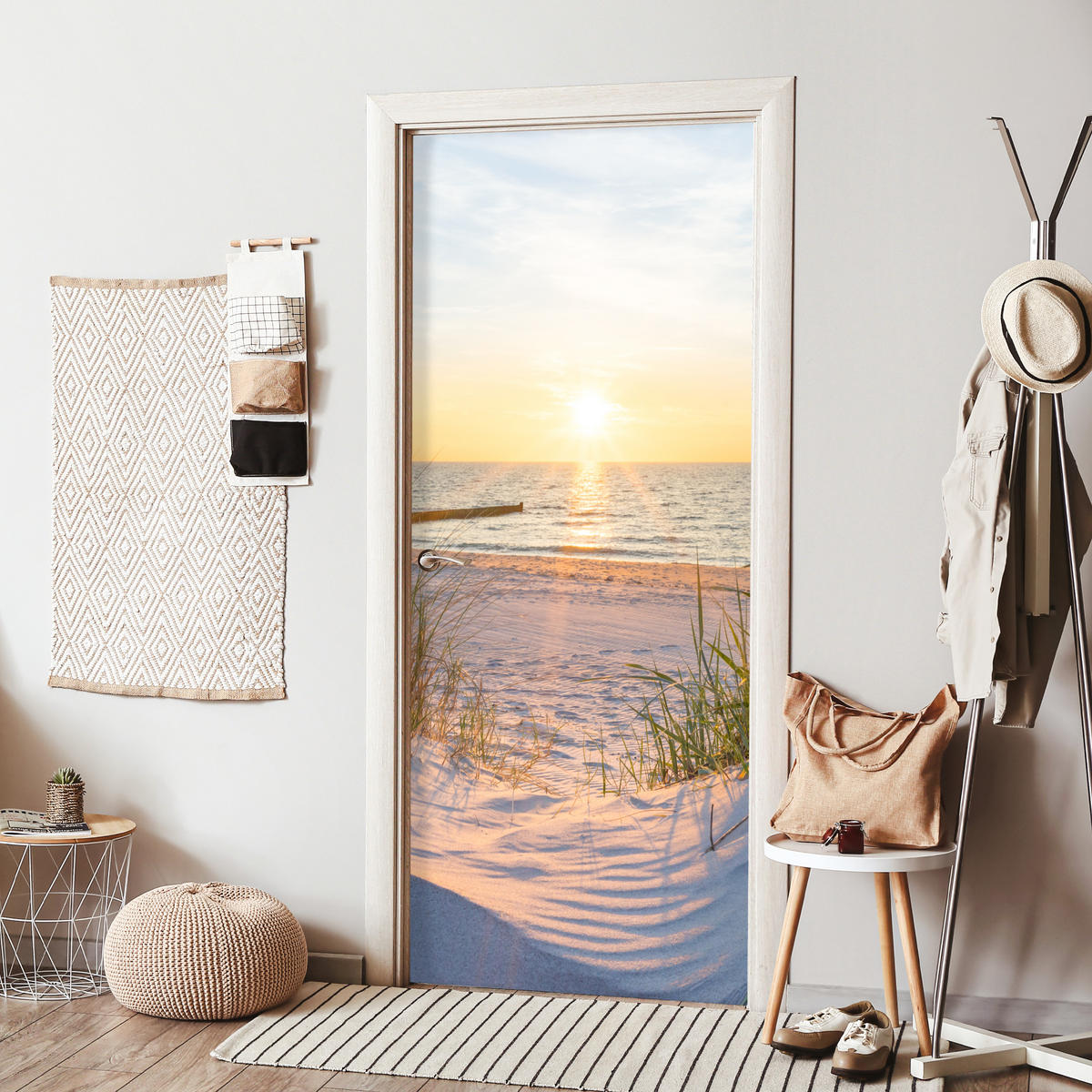 TÜRAUFKLEBER Selbstklebend - Strand - Sonne - Düne - Gras - Sand - Horizont 95x215 cm - Türtapete - Dunkelgelb, Kunststoff (95/0.1cm) - MuchoWow