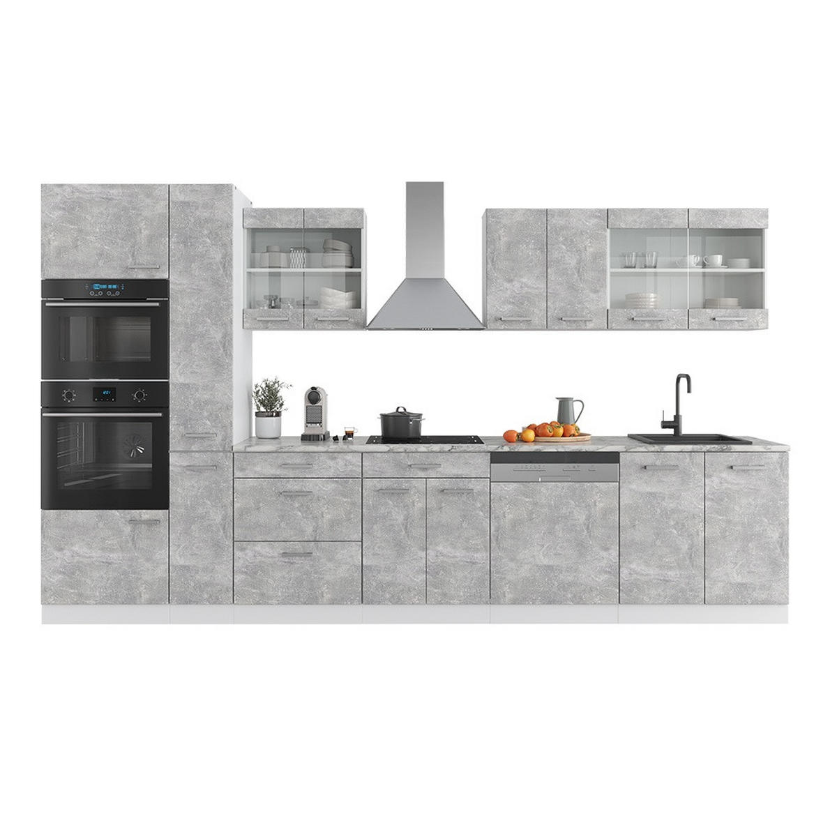 KUCHYNĚ R-Line Beton/bílá 350 cm s vysokou skříní, s pracovní deskou - šedá/bílá, kompozitní dřevo (350/206.8/60cm) - Vicco
