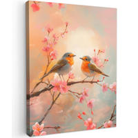 LEINWANDBILD Rotkehlchen - Zierpflanze - Blütenzweig 30x40 cm - Hellrosa, Textil (30/40cm) - MuchoWow