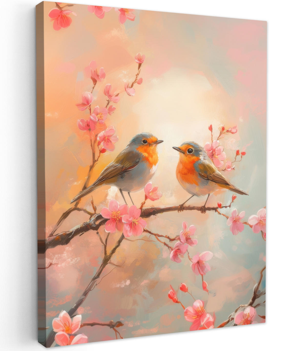 LEINWANDBILD Rotkehlchen - Zierpflanze - Blütenzweig 30x40 cm - Hellrosa, Textil (30/40cm) - MuchoWow