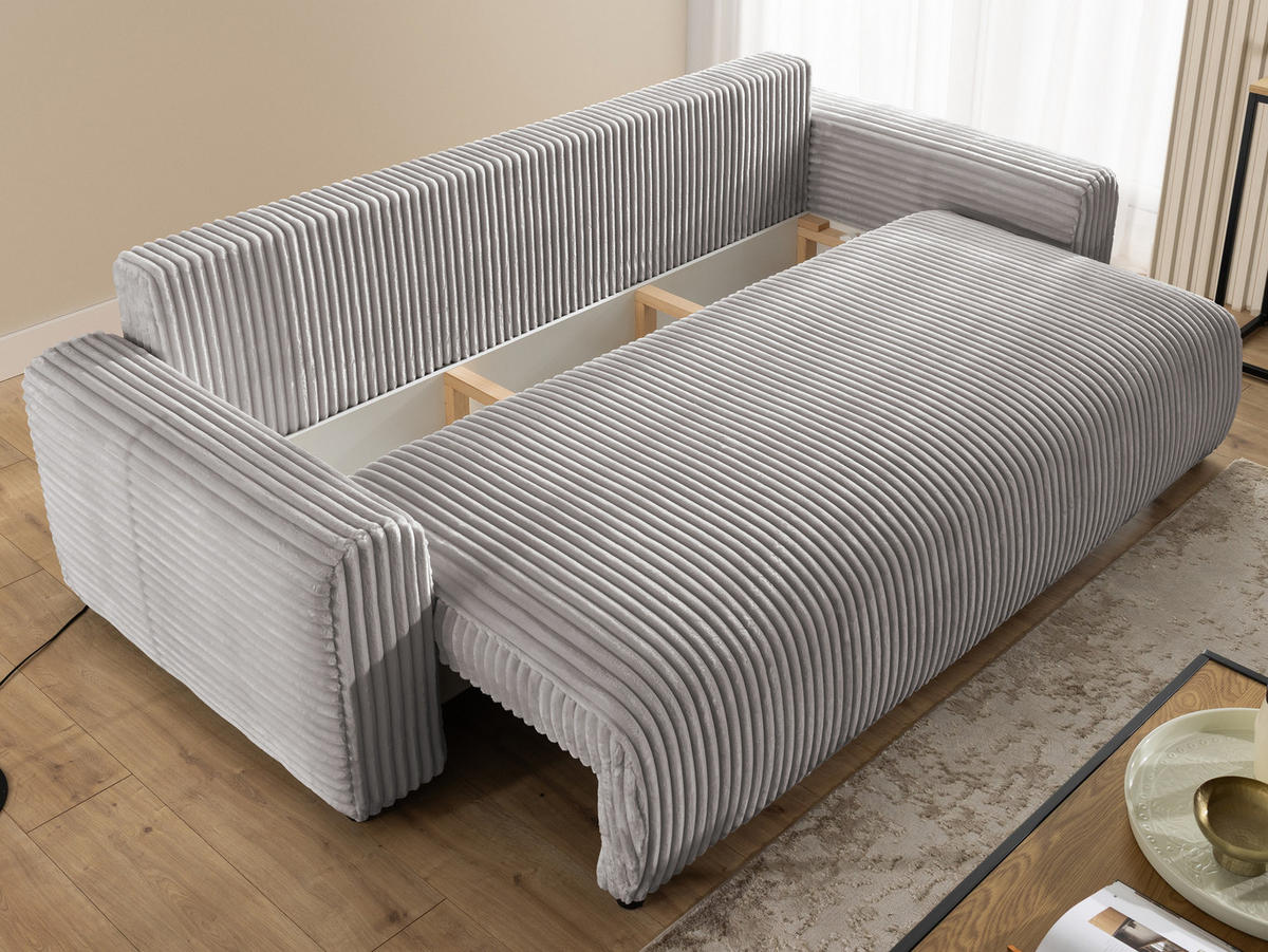 SCHLAFSOFA Calma mit Bettkasten im Bumpy-Design aus weichem Hellgrau Plüschcord - Hellgrau/Schwarz, Holz/Kunststoff (239/88/98cm) - S-Style