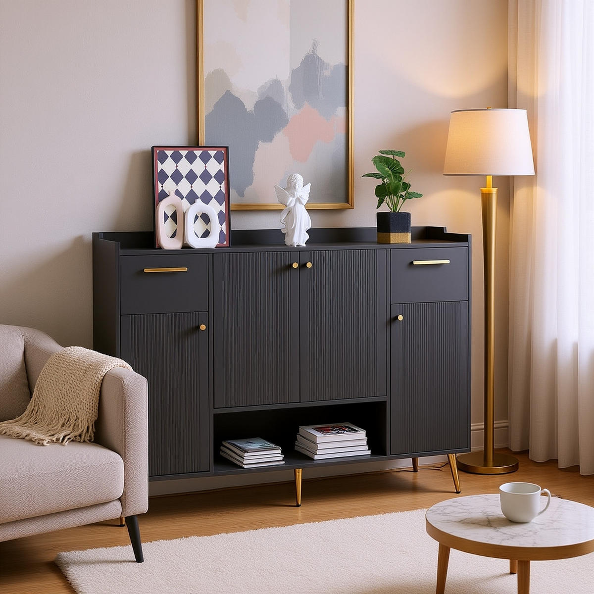 SIDEBOARD 2 Schubladen, 4 Türen, Metallfüße Modernes Design, Viel Stauraum, Schwarz - Schwarz, Holzwerkstoff (130/100/37cm) - Urban Meuble