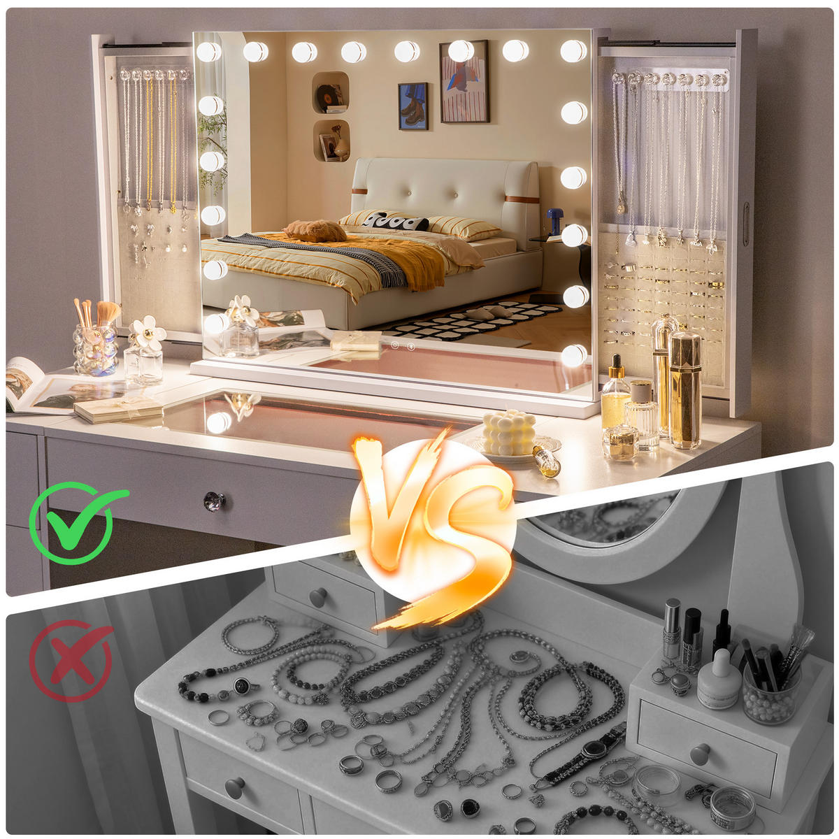 SCHMINKSPIEGEL mit LED-Beleuchtung integrierter Schmuckbox und Bluetooth weiß 80/60 cm - Weiß, Metall (80/60/10cm) - VANITII