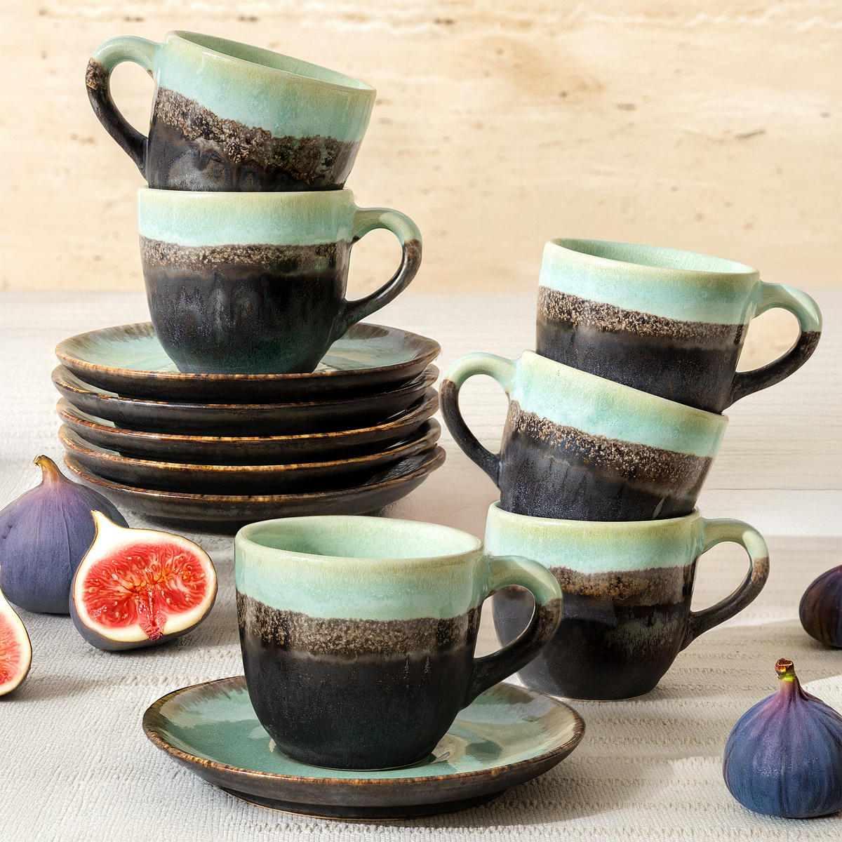 KAFFEETASSE PRIMA, mit Untertasse, 6-tlg, Salbeigrün - Salbeigrün, Keramik (11/7/9cm) - KONSIMO®