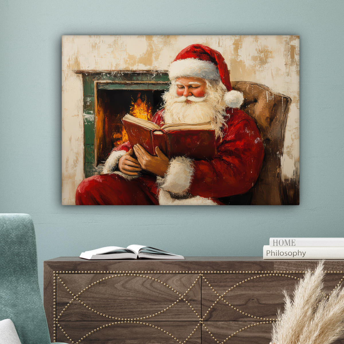 LEINWANDBILD Weihnachten - Weihnachtsmann - Winter - Open Fireside Wandbilder 80x60 cm - Dunkelrot, Textil (80/60cm) - MuchoWow