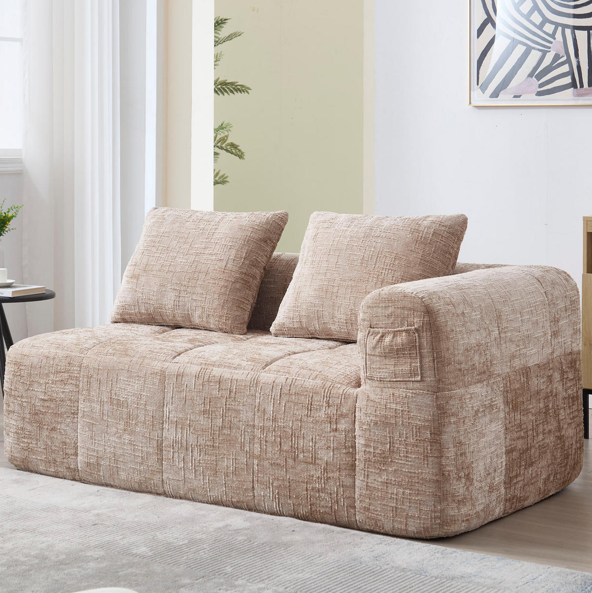 SOFA Chenille mit Chaiselongue und Seitentaschen 158/90/60 cm Sandfarben - Sandfarben, Textil (60/158/90cm) - Redom
