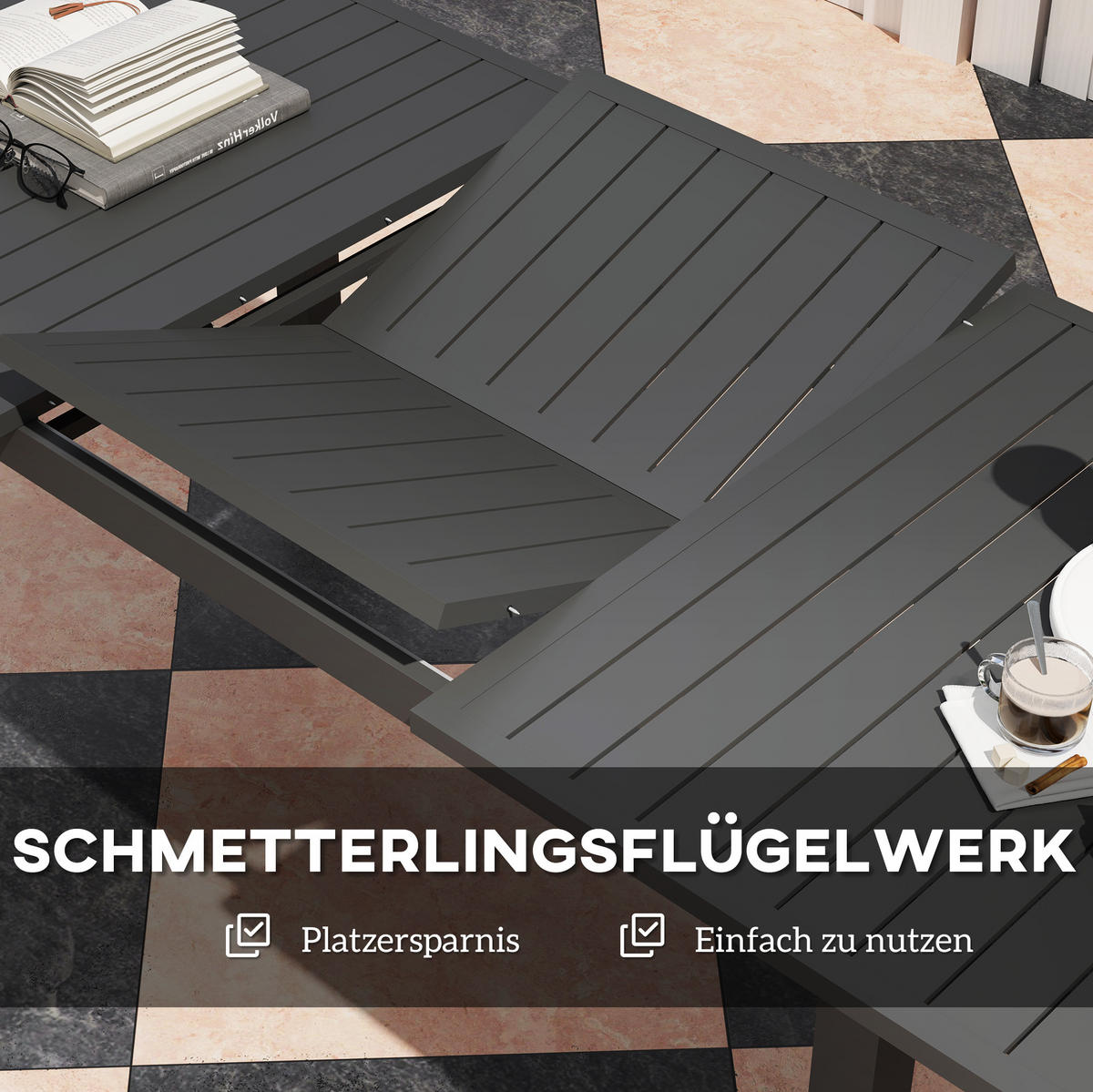 GARTENTISCH aus Aluminium 160/220x90x73 cm Grau ausziehbar mit Schmetterlingsmechanismus und geschlitzter Tischplatte - Grau, Metall (220/90/73cm) - Modfu