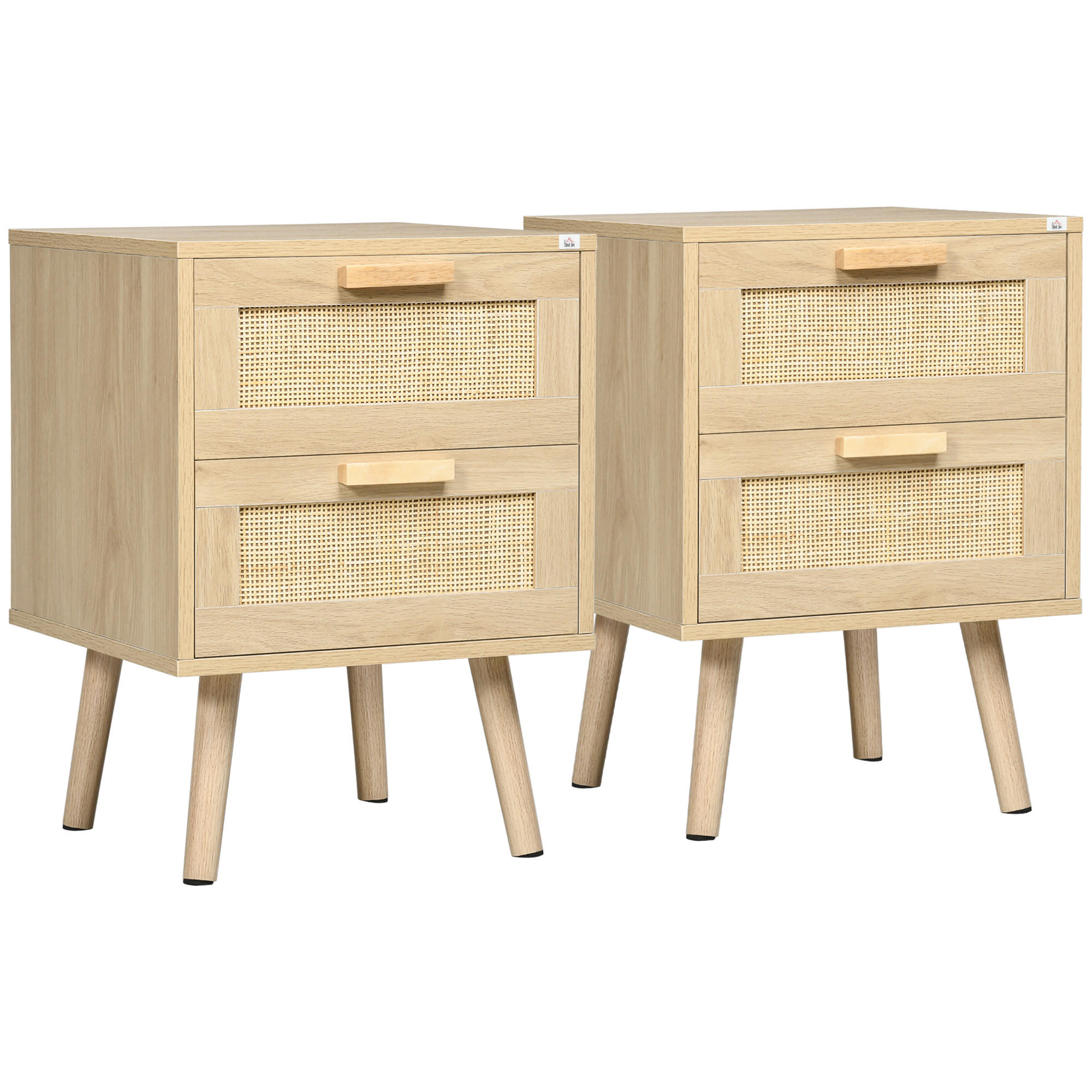 NACHTSCHRANK 2er-Set DE-12815 2 Schubladen mit Rattan Naturholz - Naturfarben, Holzwerkstoff (40/56/40cm) - ComfortXL