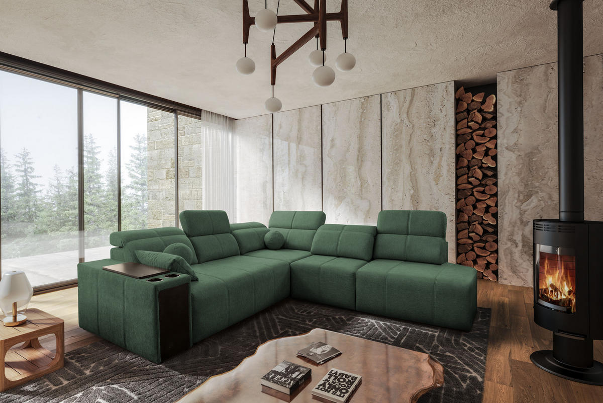ECKSOFA Mindy IX Mit Schlaffunktion, Verstellbarer Rückenlehne Stoff Verita Grün Rechts - Grün, Holz (300/288cm) - Kaiser Möbel
