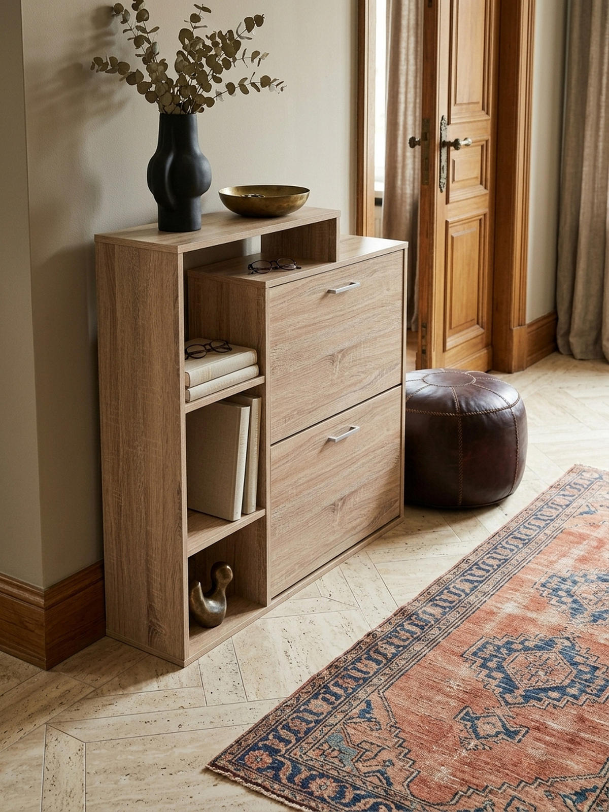 SCHUHKIPPER – Sonoma Eiche, für ca. 12 Paar Schuhe, MDF-Holz - Beige, Holz (85/93/24cm) - KADIMA DESIGN