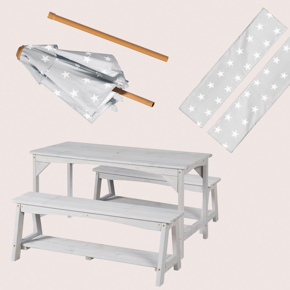 KINDERSITZGRUPPE mit Sitzauflage und Schirm grau - Hellgrau, Holz - Roba