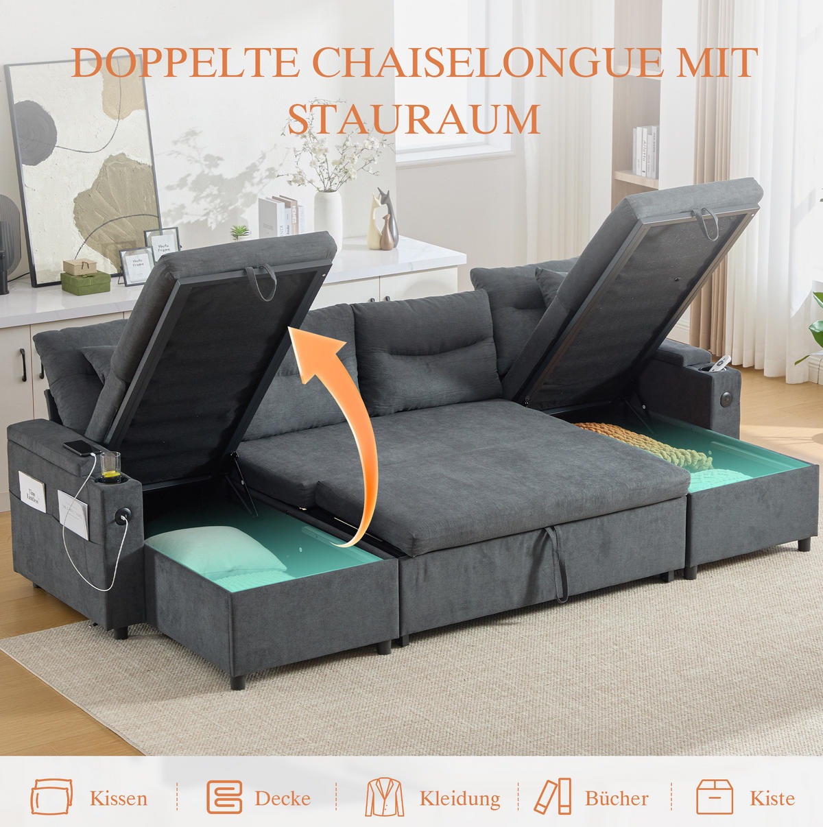 WOHNLANDSCHAFT Leinenstoff mit 2 Chaiselongues Stauraum und USB-Anschluss 272/136/86 cm Dunkelgrau - Dunkelgrau, Textil (136/86/272cm) - Redom