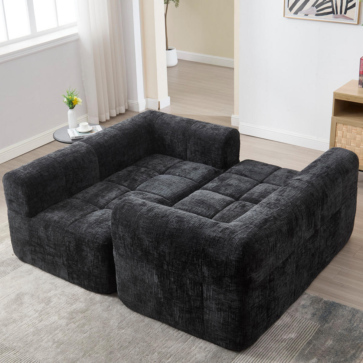 ECKSOFA 250/158/60 cm schwarz aus Chenille mit Chaiselongue - Schwarz, Textil (250/158cm) - OKWISH
