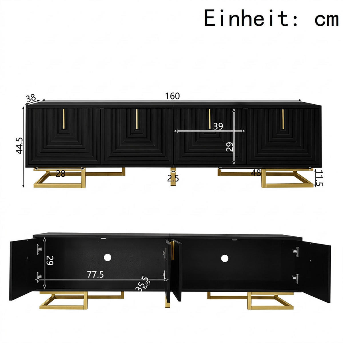 TV-SCHRANK 160/38/44,5 cm Schwarz mit 4 Türen und goldenen Beinen - Goldfarben/Schwarz, Holzwerkstoff/Metall (160/44.5/38cm) - Oxeza