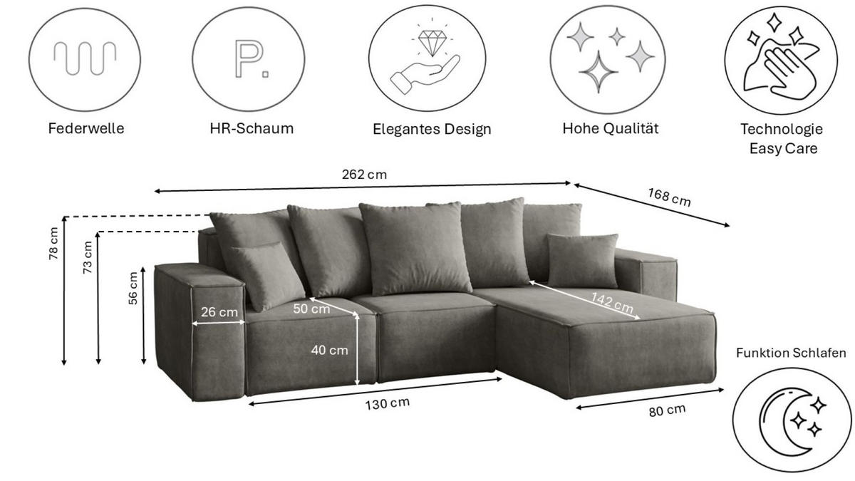 ECKSOFA L-Form Premium Kollektion ELLA Stoff Velours Noel Grau Rechts - Grau, Holz/Textil (262/168cm) - Kaiser Möbel
