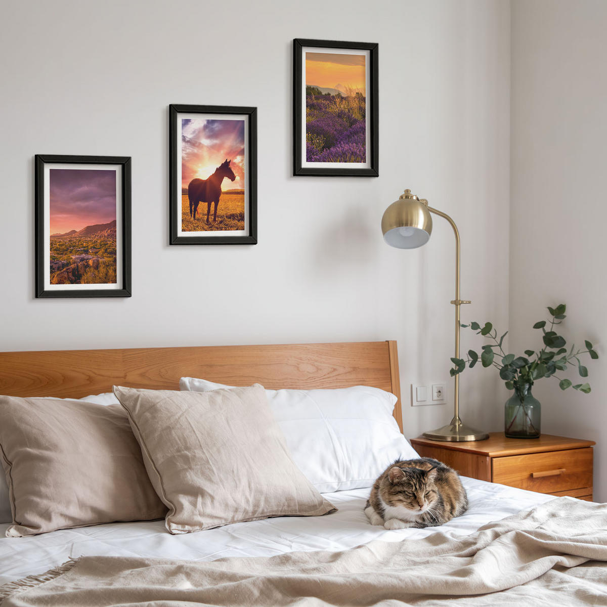WANDBILDER 3er-Set - 20x30 cm Schwarzer Rahmen - Berglandschaft mit einem Pferd - Schwarz, Kunststoff (20/30cm) - ArtPrintCave