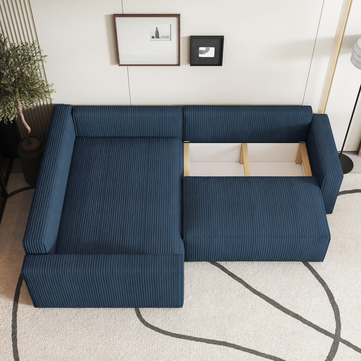 ECKSOFA ERONIS L-S Blau Kordstoff mit Schlaffunktion - Blau, Holz (265/194cm) - MASSENO