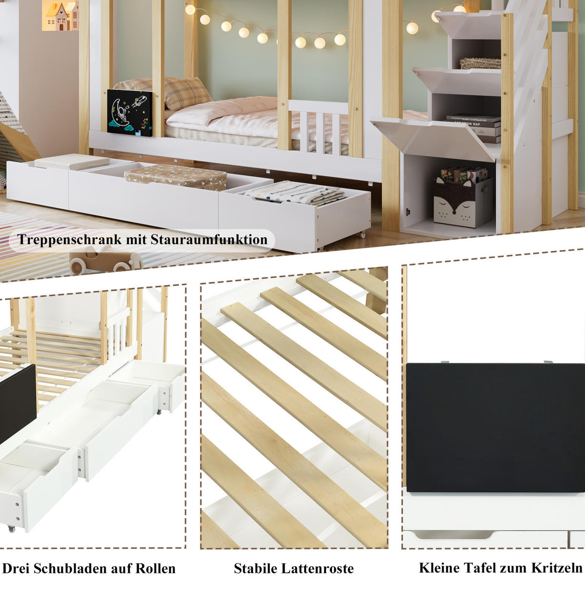 ETAGENBETT 90/200 cm in Weiß/Natur mit Treppenschrank und 3 Schubladen - Weiß, Holzwerkstoff - BEAOK