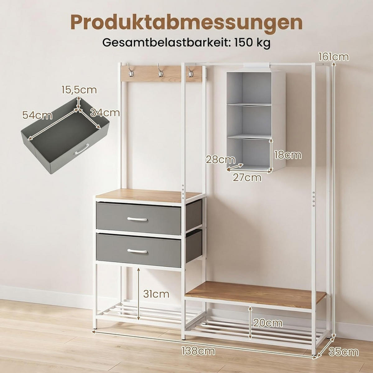 GARDEROBENSTÄNDER mit 2 Schubladen weiß - Weiß, Metall (138/161/35cm) - COSTWAY