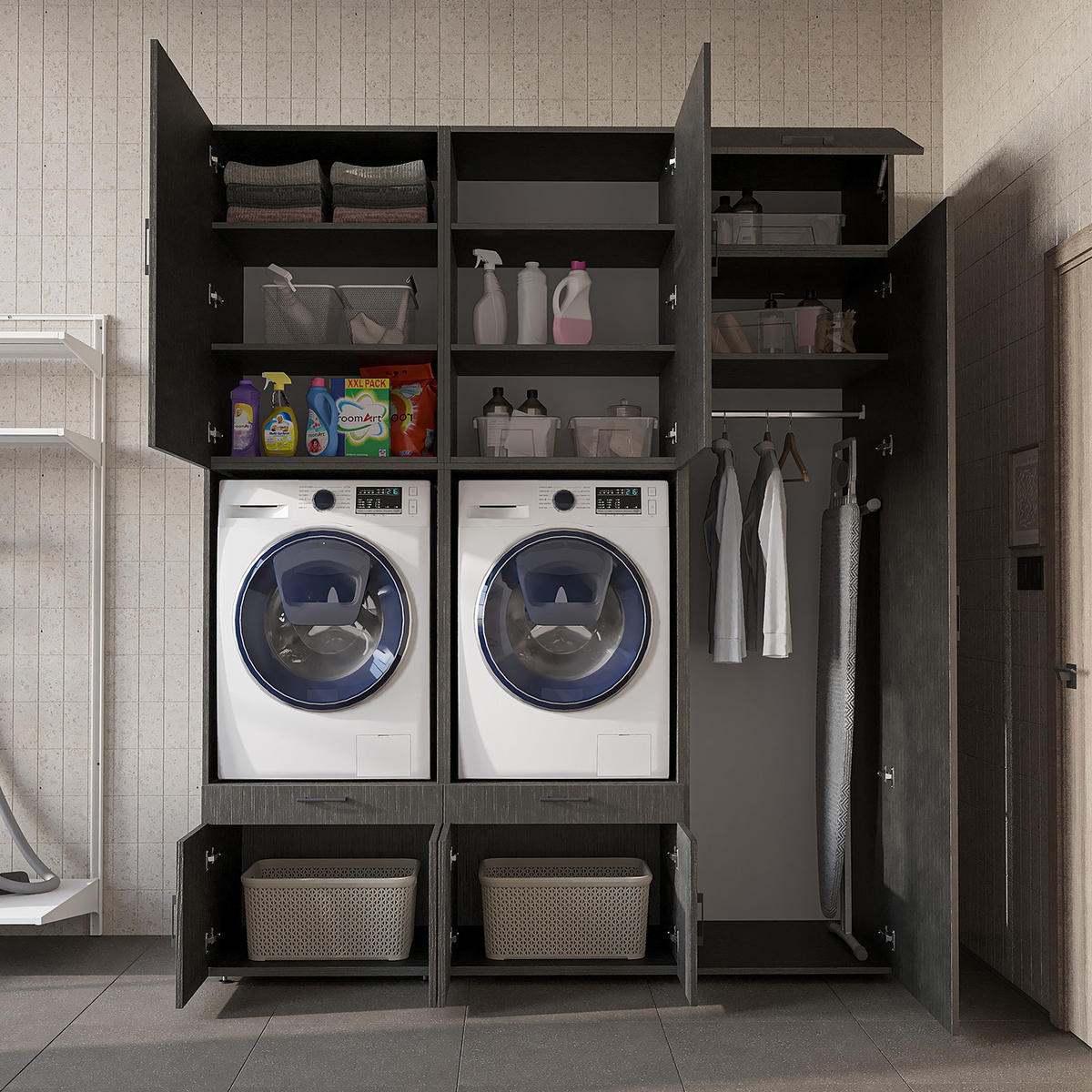 WASCHMASCHINENSCHRANK Serie 3 194cm Breit, 240cm Hoch - Schwarz, Holzwerkstoff (194/240/67cm)