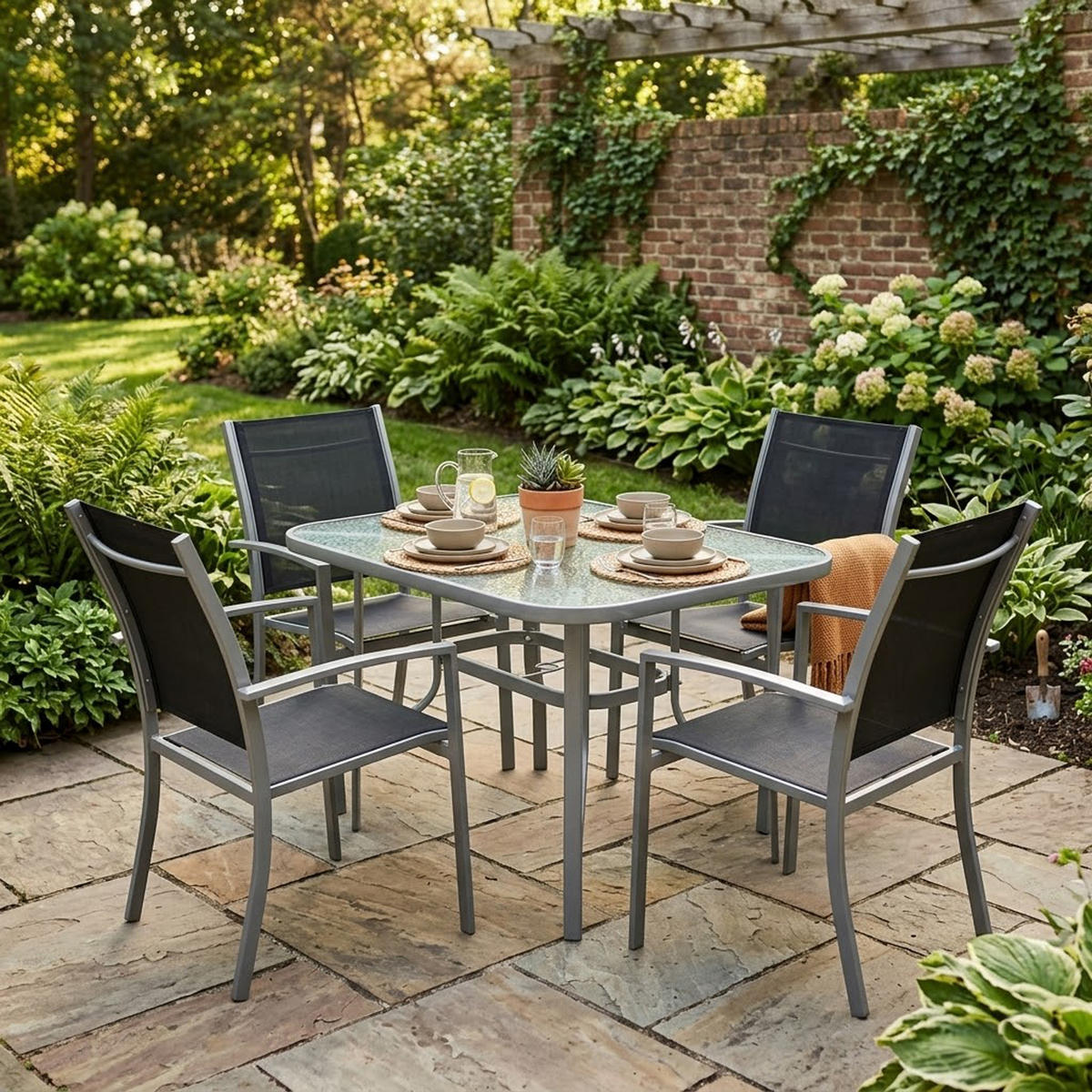 GARTEN-GARTEN-GARNITUR Leeds - Gartenessgruppe für 4 Personen - Gartenmöbel Set 5-teilig, Metall + Kunstgewebe schwarz - Schwarz, Metall - TPFGarden