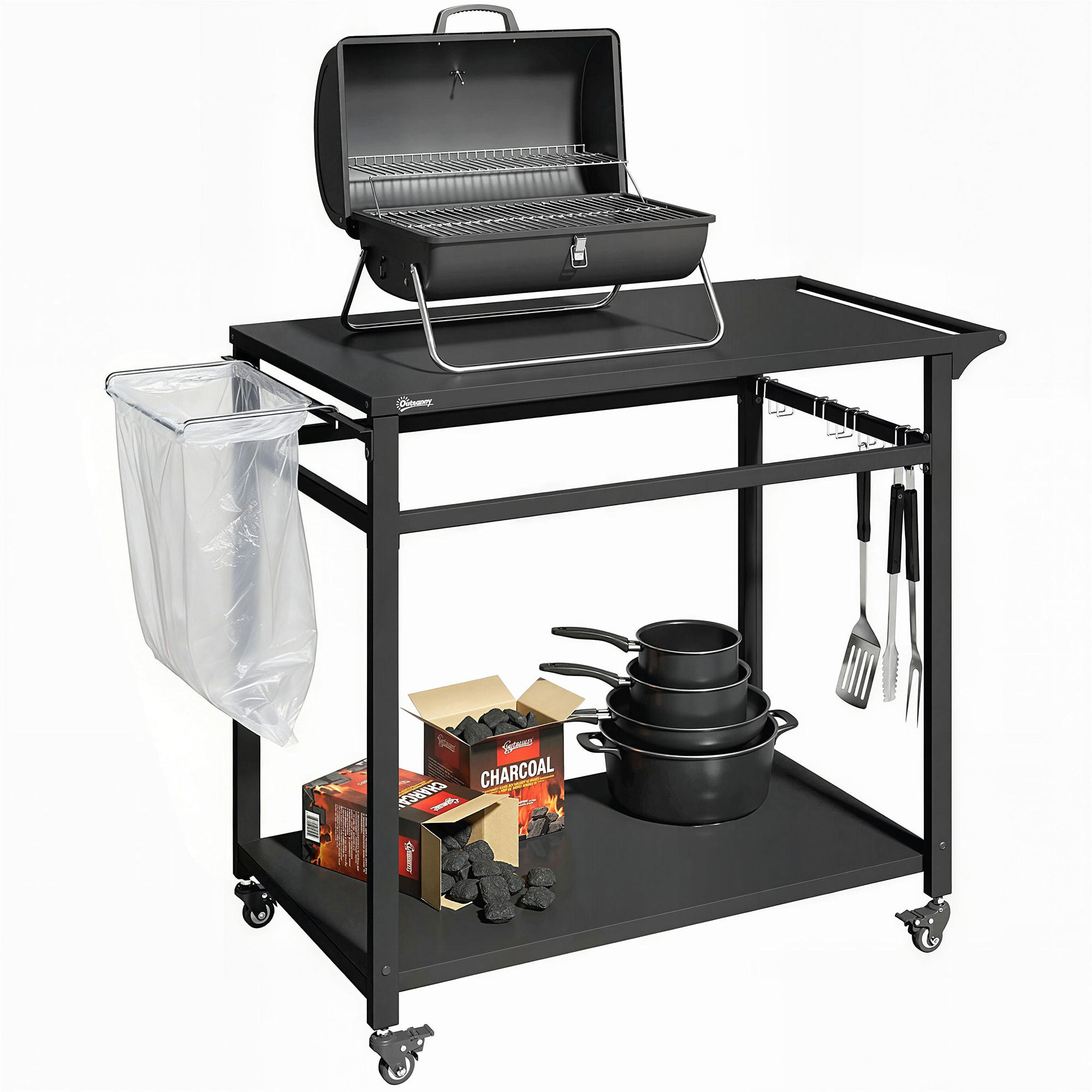 GRILLWAGEN DE-10305 2-stöckig mit Müllbeutelhalter Schwarz - Schwarz, Metall (50.5/88/113cm) - ComfortXL