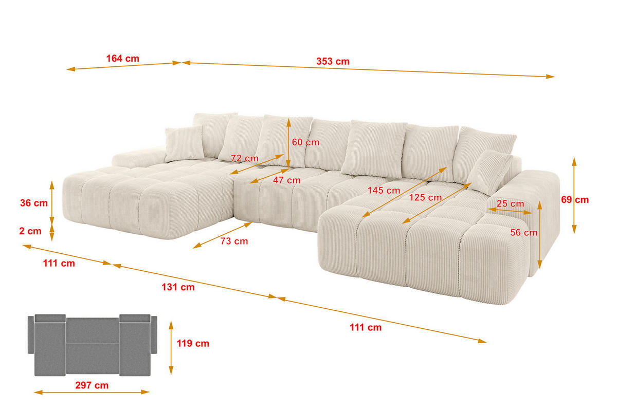 WOHNLANDSCHAFT ENSI-U - 353x164x69 cm Beige - Beige, Holzwerkstoff/Kunststoff (357/69/164cm) - ALTDECOR