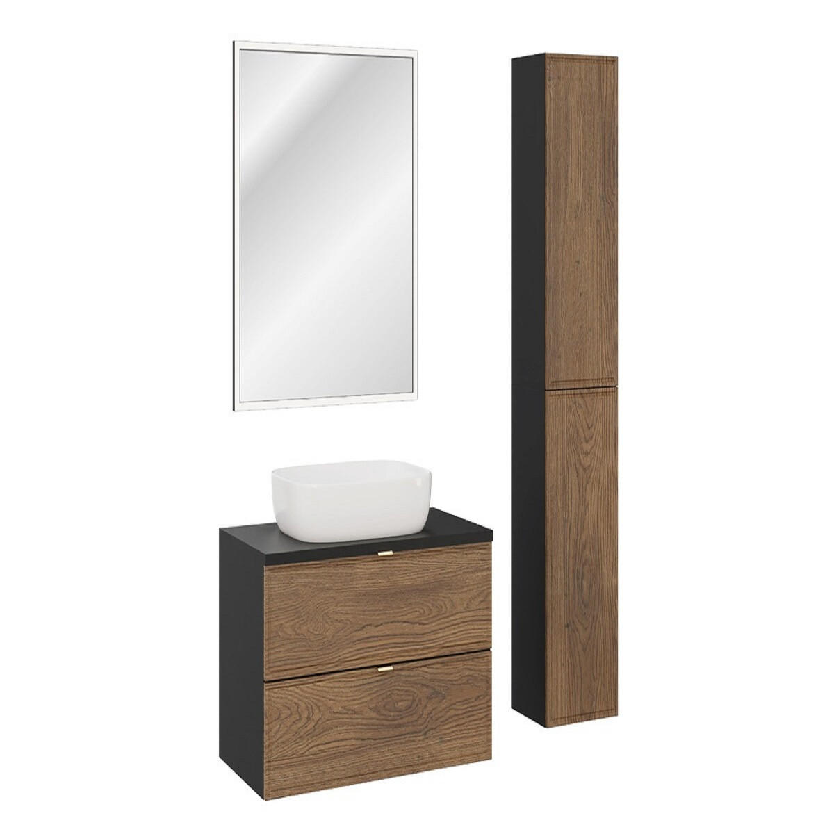 BADMÖBEL-SET 6 Teile - Talia Casella T BM96 in Schwarz Matt/Casella Oak - Hellbraun/Goldfarben, Holz/Metall (80/50/46cm)
