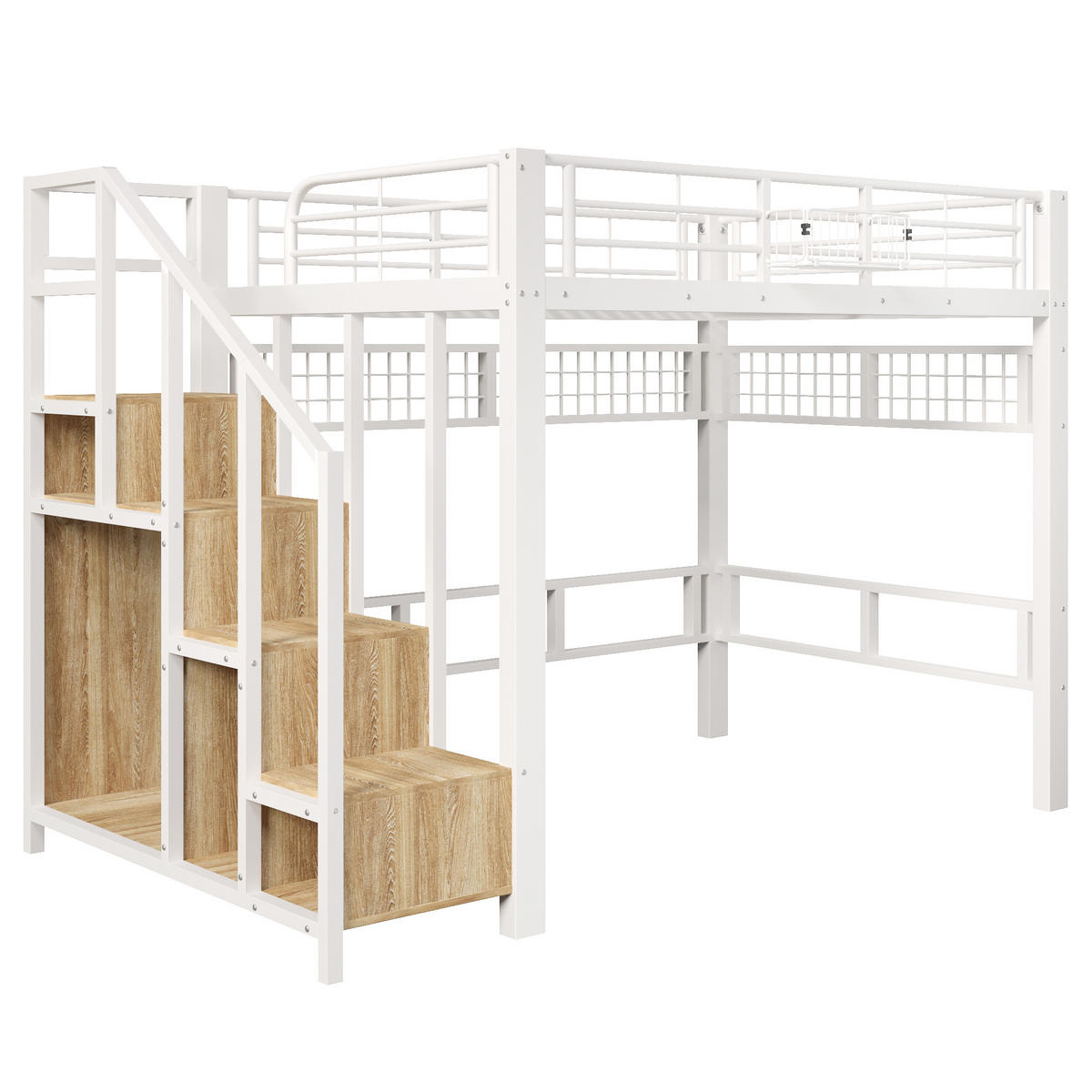 HOCHBETT 140/200 cm mit Metallgestell Weiß, Stauraumtreppe, Aufhänggitter und LED-Licht - Weiß, Metall