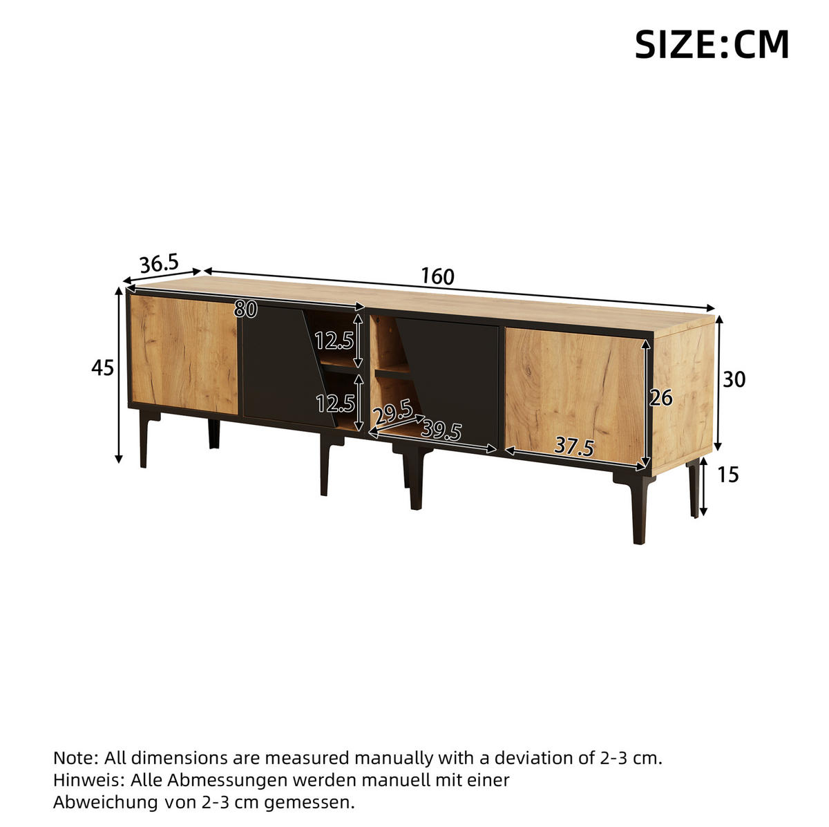 NÍZKÁ komoda, 160/36,5/45 cm, dřevotříska v přírodní barvě a černé, se 4 přihrádkami - světle hnědá, kompozitní dřevo (160/45/36.5cm) - BEAOK
