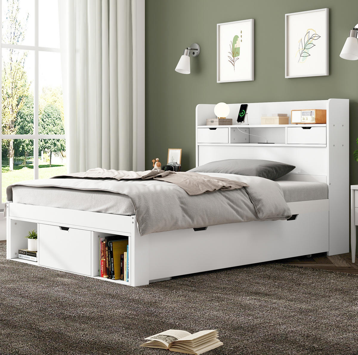 KINDERBETT aus Kiefernholz 90x200 cm Weiß mit Stauraum, Schubladen und Ladeanschlüssen - Weiß, Holz (90/200cm) - IVMEU