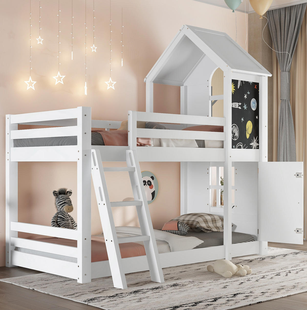 ETAGENBETT 90/200 cm mit Tafel, kleiner Tür, Dach und Schrägleiter aus Kiefernholz und MDF, Weiß - Weiß, Holzwerkstoff (90/200cm) - Redom