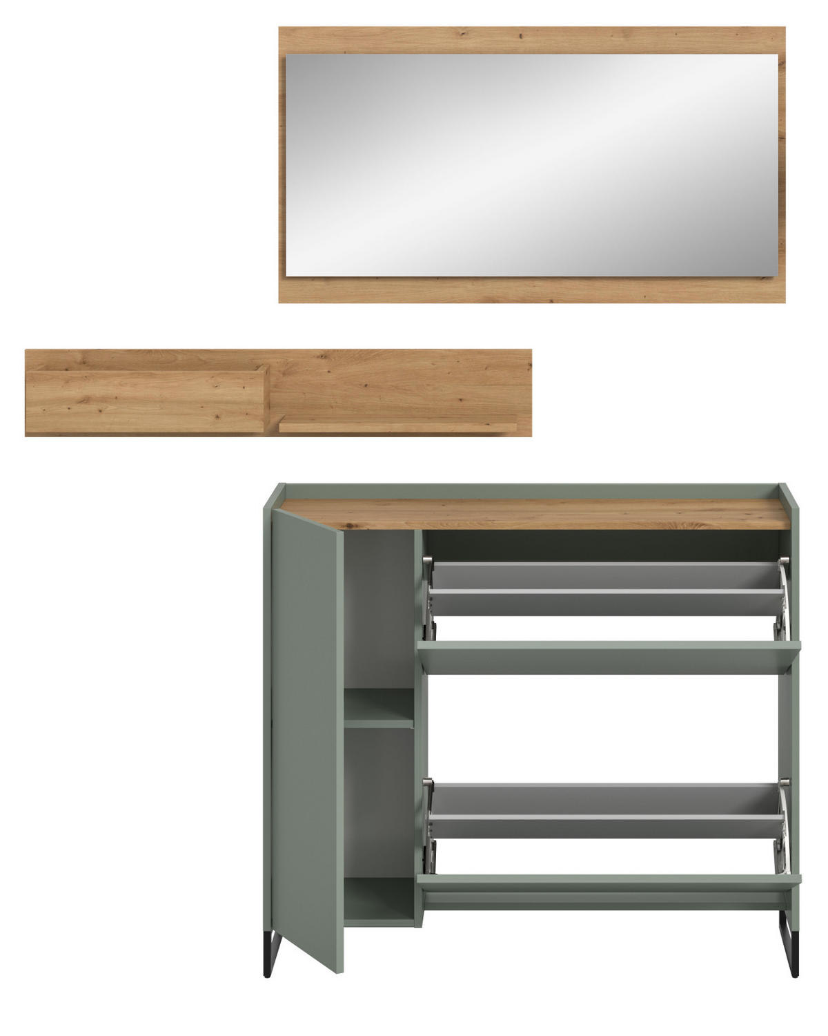 GARDEROBEN-SET Salbei grün, Artisan Eiche 140 cm 3-teilig, Flurmöbel mit Soft-Close - Salbeigrün/Schwarz, Holzwerkstoff/Metall (140/192/32cm) - Inn.Furn