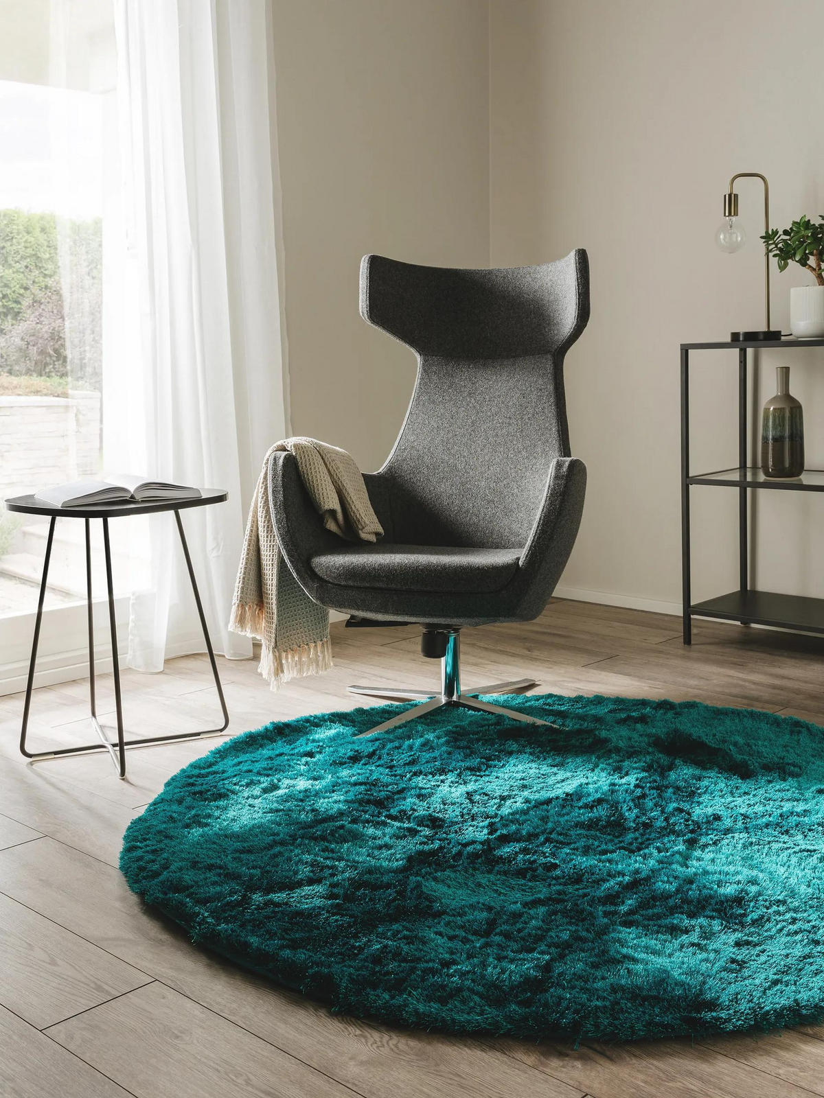 HOCHFLORTEPPICH Whisper Türkis ø 160 cm rund - Türkis, Textil (160/160cm) - benuta Nest