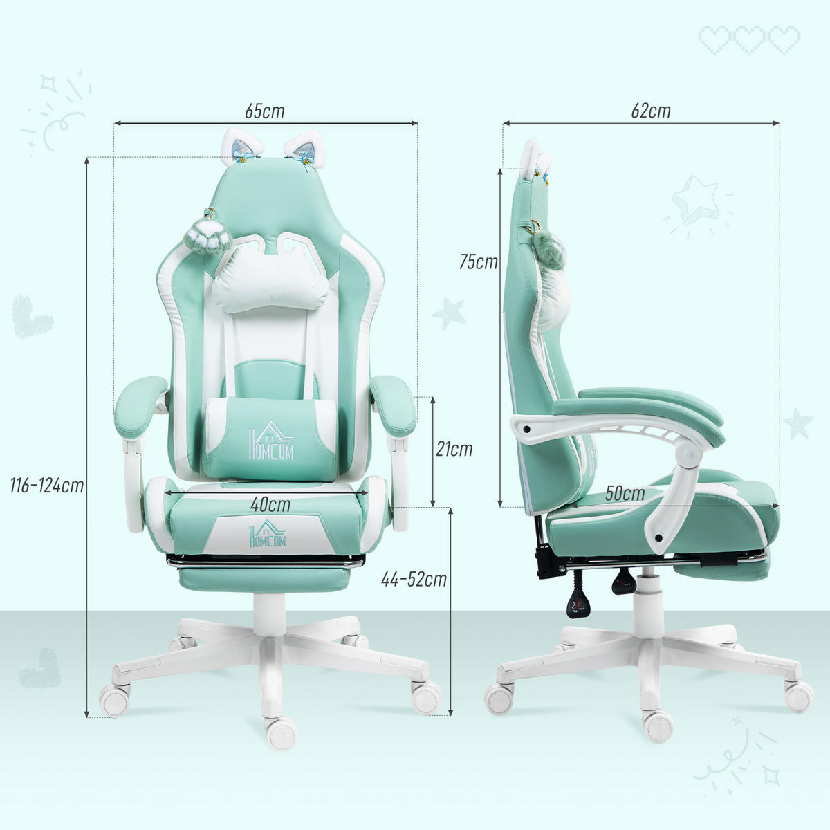 GAMING-SESSEL mit Katzenohren, neigbare Lehne, ausziehbare Fußstütze, bis 120 kg belastbar, Tiffanyblau - Hellblau, Leder (62/124/65cm)