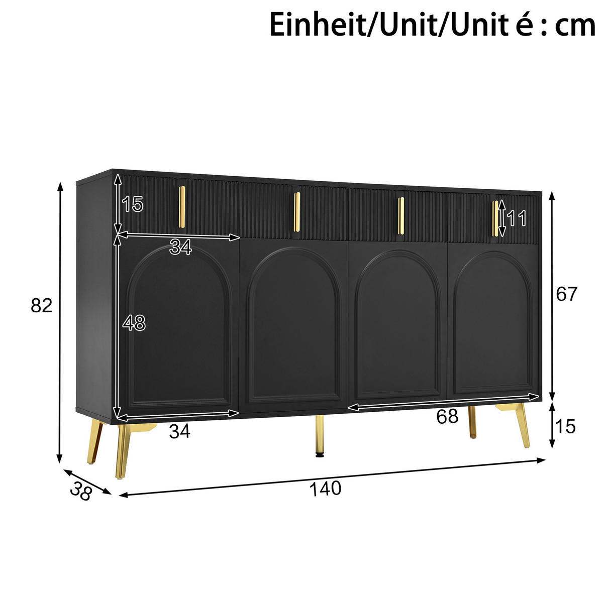 SIDEBOARD 140/38/82 cm Schwarz aus MDF mit 4 Türen und 4 Schubladen - Schwarz, Holzwerkstoff (38/82/140cm) - OKMYHOME