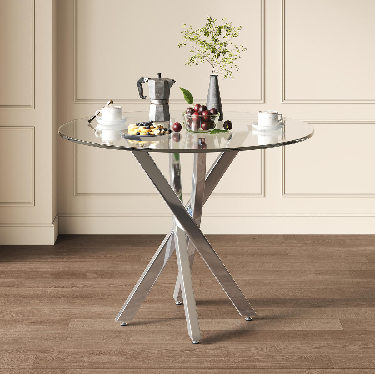 ESSTISCH aus Glas 80x80x75 cm Silber für 2-4 Personen mit gehärteter Glasplatte und Kreuzgestell - Silberfarben, Glas (80/80/75cm) - Modfu