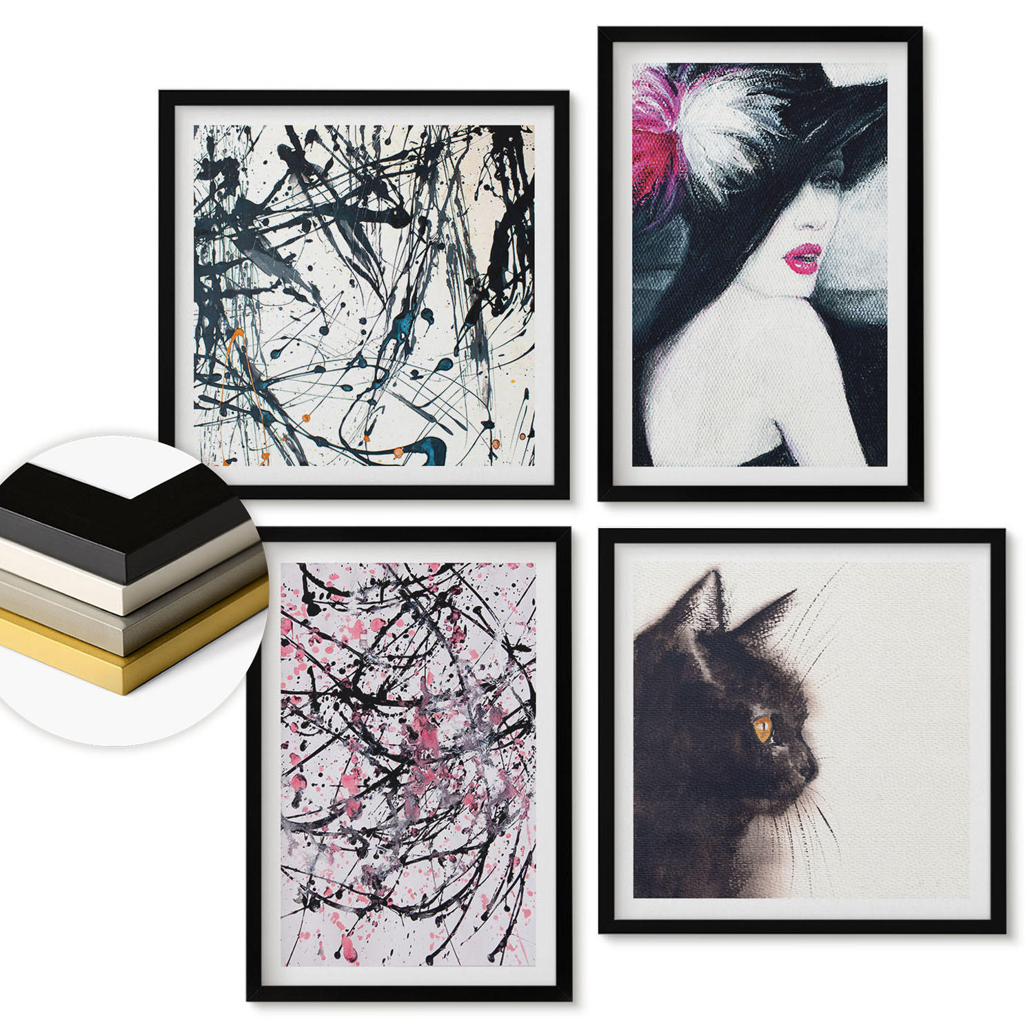 WANDBILDER 4er-Set - 50x50 cm & 40x60 cm Schwarzer Rahmen - Abstrakte Katzenmalereien - Schwarz, Kunststoff (50/50cm) - ArtPrintCave