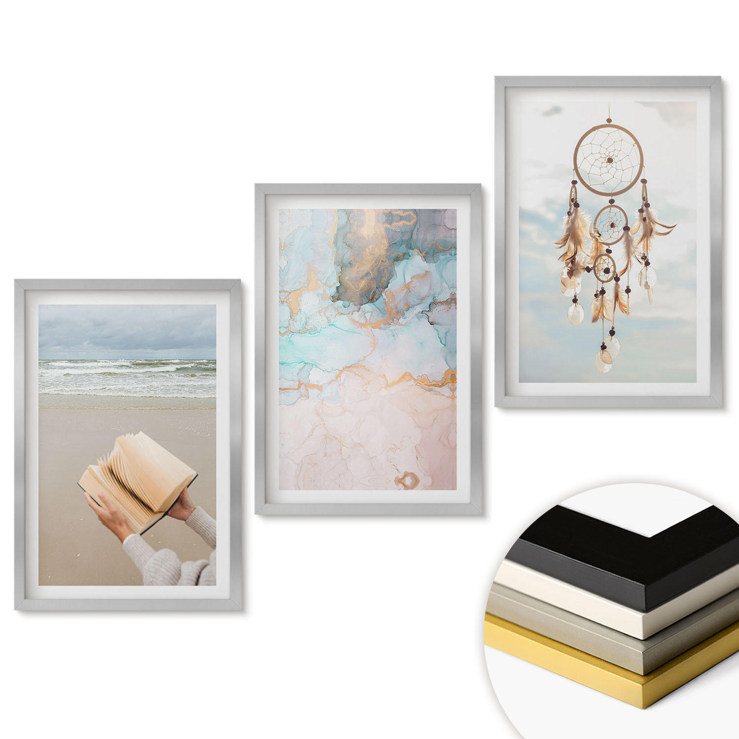 WANDBILDER 3er Set - 40x60 cm Silberner Rahmen - Abstraktes Meeresbuch Boho - Silberfarben, Kunststoff (40/60cm) - ArtPrintCave