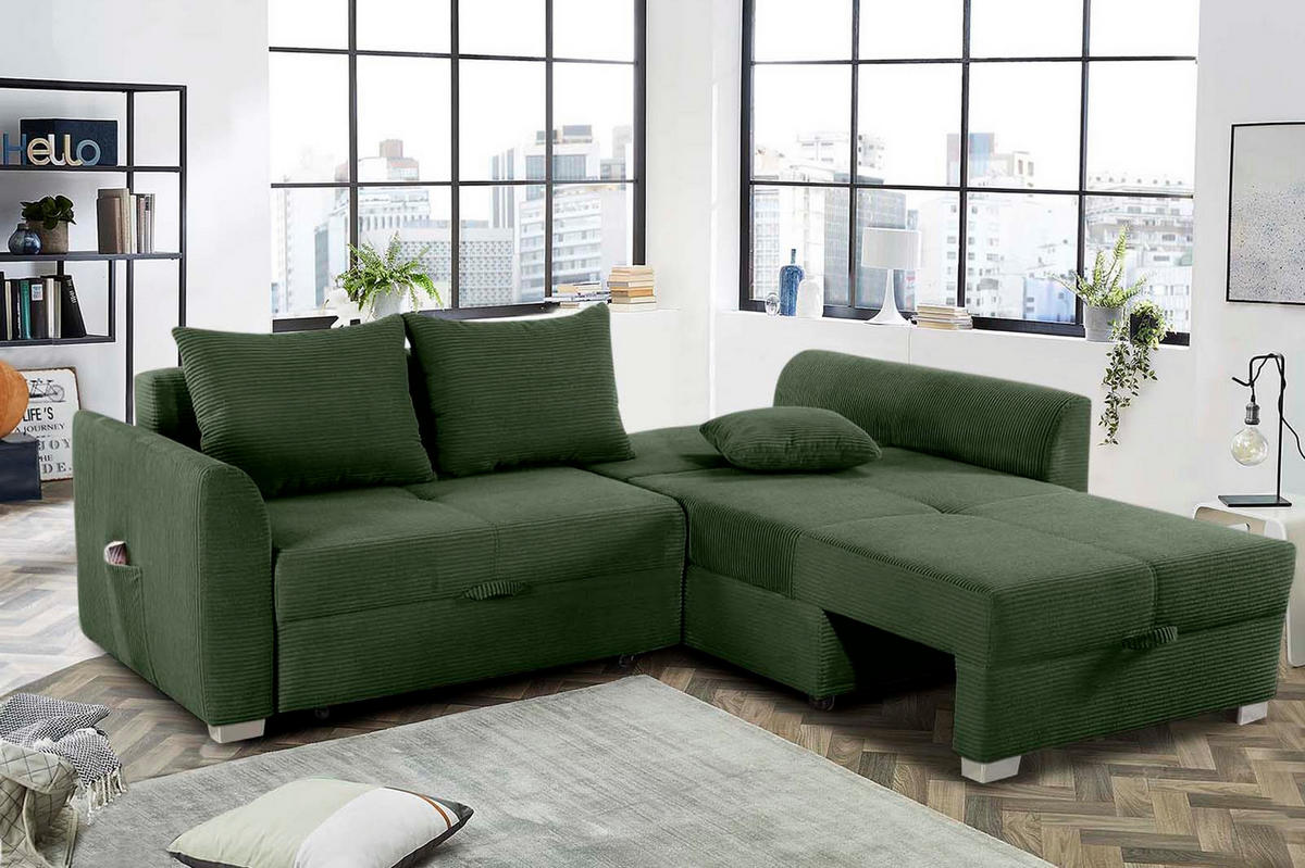 ECKSOFA mit Schlaffunktion und Bettkasten, seitenverkehrt montierbar B236/T160/H81 cm, Liegefl. 142x202 cm, Cord Grün / 15207 - Chromfarben/Grün, Kunststoff/Textil (236/160cm) - luma-home
