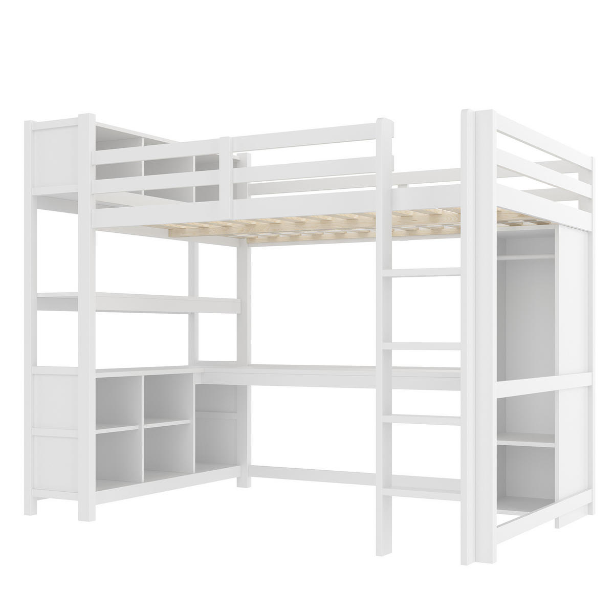 HOCHBETT 140/200 cm aus Kiefernholz und MDF mit Schreibtisch, Regalen und Kleiderschrank Weiß - Weiß, Holz (140/200cm) - Modenvie