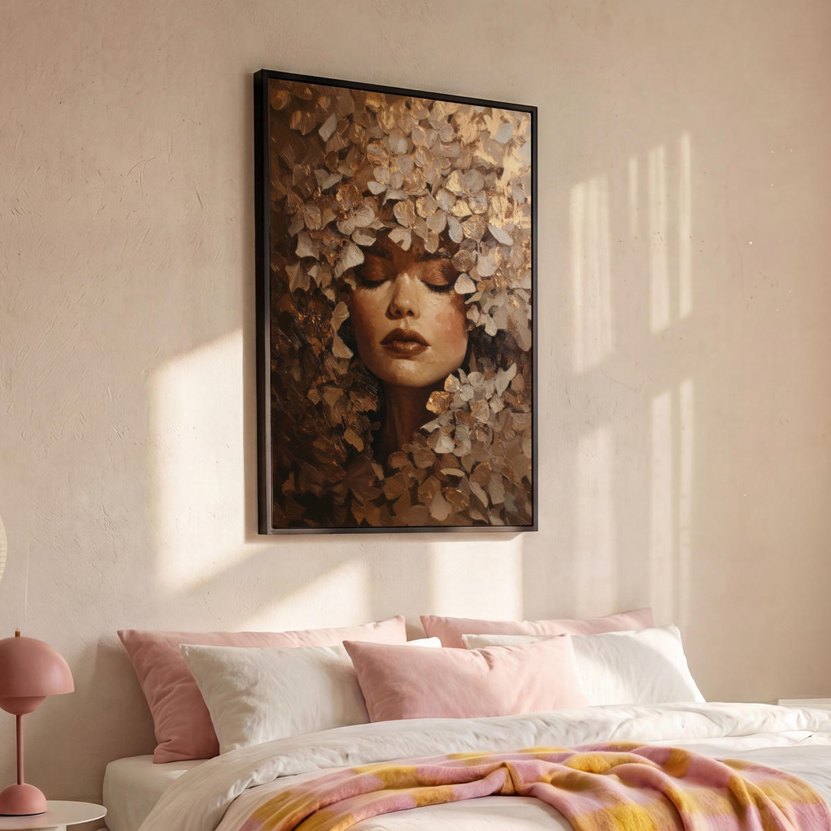 LEINWAND Bilder mit Rahmen - Gesicht - Dame - Blätter - Pinselstriche - 90x140 - Goldfarben, Textil (90/140cm) - MuchoWow