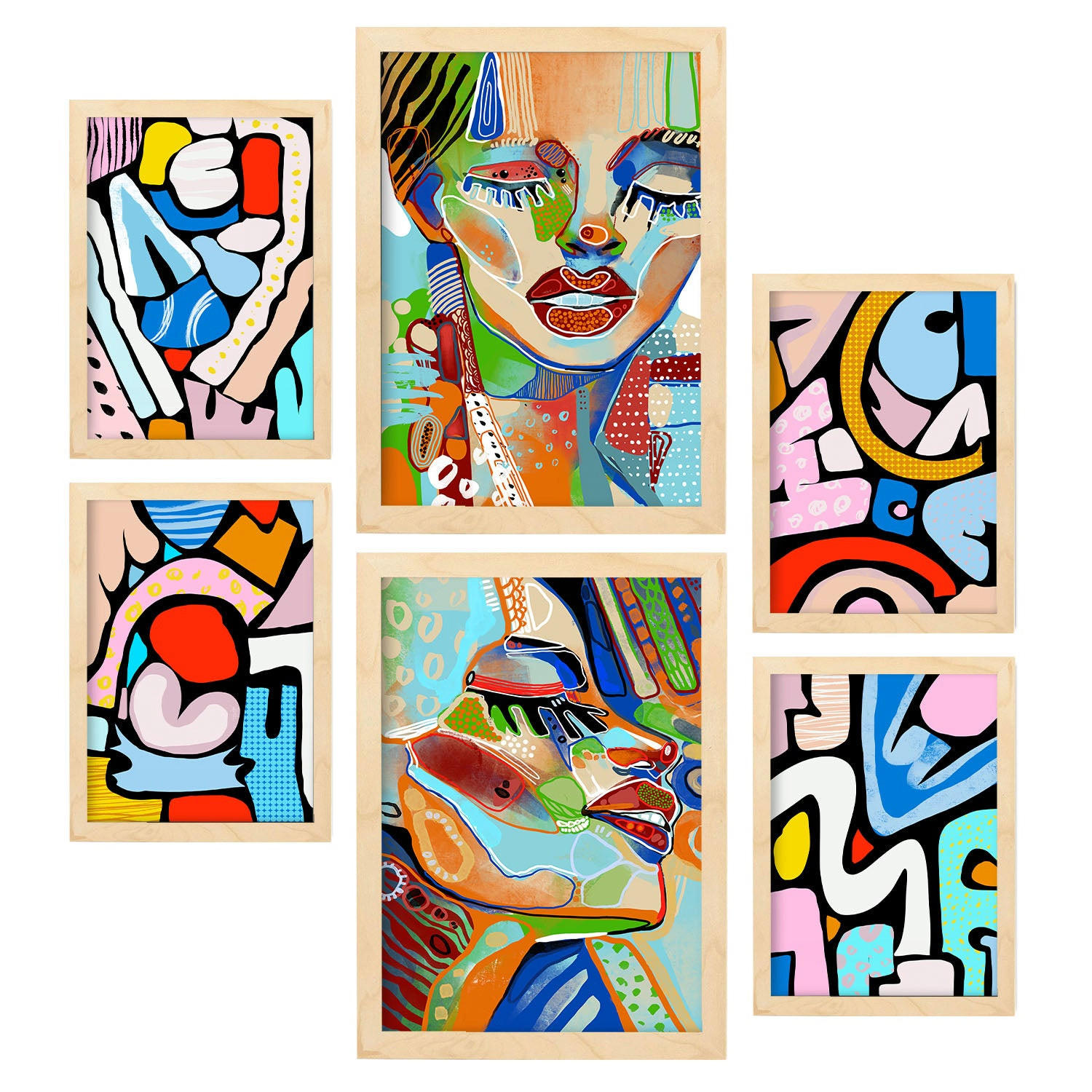 POSTER Set Mit 6 Lady Mazarelli In Weibliche Zusammenfassung Ästhetische Dekorative Gemälde Für Ihr Wohnzimmer Zuhause A3 & A4 Rahmen Aus Hellem Holz - Beige, Papier (29/3cm) - Nacnic