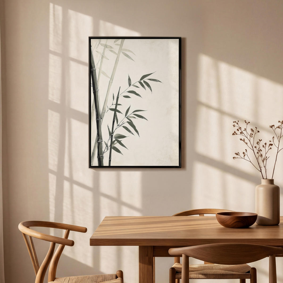 LEINWAND Bilder mit Rahmen - Japandi - Bambus - Beige - 60x90 - Eukalyptusholzfarben, Textil (60/90cm) - MuchoWow